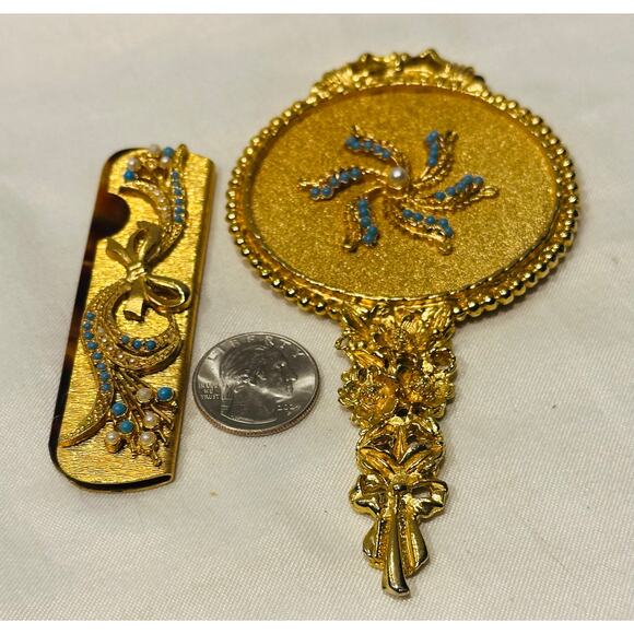 MIRELLA Ornate Gold Plated Hand Mirror and Travel Comb Set vanity set Vtg - Picture 9 of 9